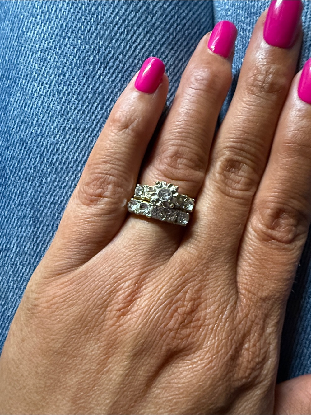Vintage Classic Silver-Tone Crystal Bridal Ring Set in Pink Accents